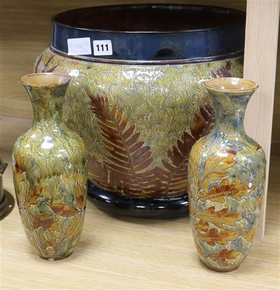 A Royal Doulton Lambeth jardiniere and two vases jardiniere diameter 42cm approx.